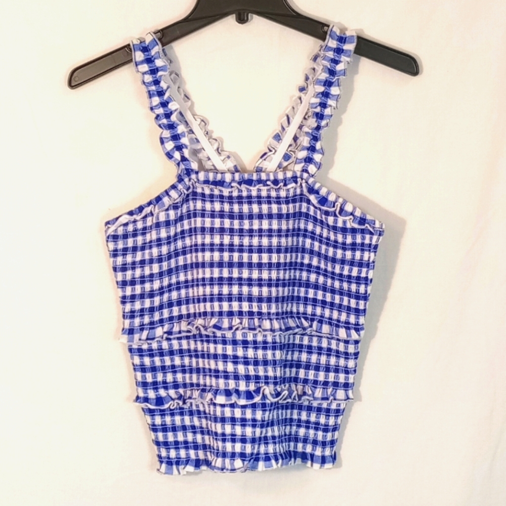 Crave Fame XL Blue Gingham Ruffle Trim Top